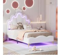 90x200 cm lit simple en cuir artificiel blanc pour enfants lit princesse avec base de plaque et bande de lumière LED réglable