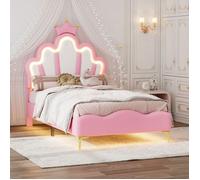 90x200 cm lit simple en cuir artificiel rose pour enfants lit princesse avec base de plaque et bande de lumière LED réglable