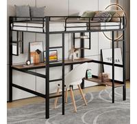 90x200cm cadre de lit métallique, lit en fer avec bureau, lit superposé avec quatre petites étagères et une grande bibliothèque pour enfants, adolescents et adultes, noir