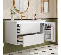 91,5 × 46,5 × 50,5 cm Meuble de lavabo à suspendre au mur, laqué de haute qualité, lampe à capteur radar LED, compartiment de rangement sur la porte, deux tiroirs avec glissières silencieuses, lavabo
