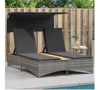 97355& Bains de soleil double et auvent et coussins gris résine tressée - L136 x P202 x H140 cm - tissu 100 % polyester