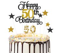 9pcs Décorations de Gâteau « Joyeux 50e Anniversaire », Bougie Numéro 50 pour Gâteau D'anniversaire, Décoration de Gâteau en Forme D'Étoile Noir et Or Pour Fête de D'anniversaire (Or Noir)