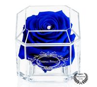 A 100% Real Rose That Lasts Years - Eternal Petals, Handmade in UK - White Gold Solo with A Multicolor Swarovski Crystal (Dark Blue)