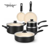 A. Ensemble de 11 pièces de batterie de cuisine, comprenant des casseroles et des poêles en céramique antiadhésive