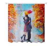 A.Monamour Automne Saison Jaune Arbre Paris Scène De Rue Amant Embrassant Scène Rideau De Douche - Moisissure De l'eau Résistant - Lavable en Machine - 12 Pcs Crochets De Douche Inclus 150X180 cm