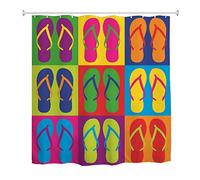 A.Monamour Été Coloré Plage Tongs Pantoufles Pop Art Décors Fond Vert Imperméable À l'eau Polyester Rideau De Douche Ensemble avec Crochets pour Salle De Bains 180x200cm