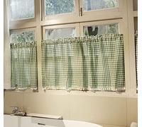 A.Monamour Rideau de Cuisine Court pour Petit Fenêtre à Carreaux Vichy en Coton Vert avec Pompon Brise-bise, Panneaux Cantonnières Passe-Tringle pour Bistro Café