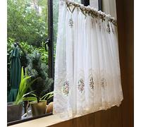 A.Monamour Rideau de Cuisine Court pour Petit Fenêtre Fleurs Roses Brodé Dentelle Transparente Voile Blanc Voilage Nœud Papillon Demi Rideau Brise-bise Rideaux à étages Rideaux à Disques Bistro Café