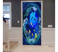 A.Monamour Sticker Porte Autocollant Poster de Porte 3D Bleu Océan Profond Nage Sous-Marine Dauphin Poissons Jaunes Corail Vinyle Affiche de Porte Sticker Mural Papier Peint Art Décor 83 x 204 cm