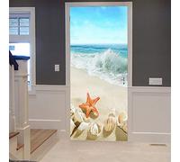 A.Monamour Sticker Porte Autocollant Poster de Porte 3D Coquillages Étoiles De Mer Plage De Sable Bleu Éclaboussures Océan Vague Vinyle Affiche de Porte Sticker Mural Papier Peint Art Décor 77 x 200cm