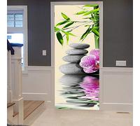 A.Monamour Sticker Porte Autocollant Poster de Porte 3D Feuilles De Bambou Vert Orchidées Violettes Fleurs Un Tas De Pierre Spa Vinyle Affiche de Porte Sticker Mural Papier Peint Art Décor 83 x 204 cm