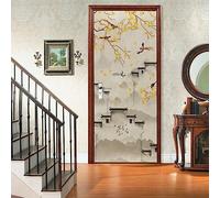 A.Monamour Sticker Porte Autocollant Poster De Porte 3D Fleurs Oiseaux Arbres Et Bâtiments À L'Encre De Style Chinois Vinyle Affiche De Porte Sticker Mural Papier Peint Art Décor 85x215cm