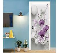 A.Monamour Sticker Porte Autocollant Poster De Porte 3D Fleurs Violettes Et Boules Blanches Art Moderne Vinyle Affiche De Porte Sticker Mural Papier Peint Art Décor 77 x 200 cm