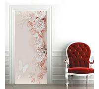 A.Monamour Sticker Porte Autocollant Poster De Porte 3D Fond Floral De Fleurs Blanches Roses Vinyle Affiche De Porte Sticker Mural Papier Peint Art Décor 85x200cm
