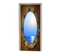 A.Monamour Sticker Porte Autocollant Poster de Porte 3D Hublot De Bateau avec Fenêtre De Navire en Bronze Bleu Vue sur L'Océan Vinyle Affiche de Porte Sticker Mural Papier Peint Art Décor 77 x 200 cm