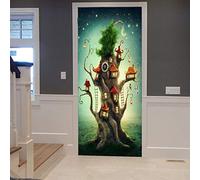 A.Monamour Sticker Porte Autocollant Poster de Porte 3D Magic Tree House Meadow Forêt Enchantée Conte De Fées Ciel Étoilé Vinyle Affiche de Porte Sticker Mural Papier Peint Art Décor 77 x 200 cm