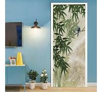 A.Monamour Sticker Porte Autocollant Poster De Porte 3D Oiseaux Sur Bambou Vert Dessin Fond De Paysage De Montagne Vinyle Affiche De Porte Sticker Mural Papier Peint Art Décor 77 x 200 cm