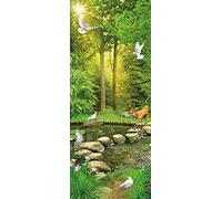 A.Monamour Sticker Porte Autocollant Poster De Porte 3D Paysage De Jardin D'Arbres Verts Poisson Dans Un Étang Pigeon Oiseaux Cerf Vinyle Affiche De Porte Sticker Mural Papier Peint Décor 77 x 200 cm