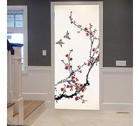 A.Monamour Sticker Porte Autocollant Poster de Porte 3D Peinture À L'Encre Japonaise Fleurs Sakura Branche De Cerisier Oiseaux Vinyle Affiche de Porte Sticker Mural Papier Peint Art Décor 77 x 200 cm