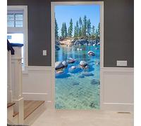 A.Monamour Sticker Porte Autocollant Poster de Porte 3D Pierre De Roche Bleu Eau Claire Rive De La Forêt Verte du Lac Tahoe Vinyle Affiche de Porte Sticker Mural Papier Peint Art Décor 77 x 200 cm