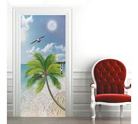 A.Monamour Sticker Porte Autocollant Poster De Porte 3D Plage De Sable Tropicale D'Été Avec Palmiers Et Oiseaux De Mouette Vinyle Affiche De Porte Sticker Mural Papier Peint Art Décor 77 x 200 cm