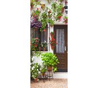 A.Monamour Sticker Porte Autocollant Poster de Porte 3D Pots De Fleurs Sur Mur Dans Rue Médiévale Du Jardin De La Vieille Ville Vinyle Affiche de Porte Sticker Mural Papier Peint Art Décor 83x204cm