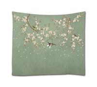 A.Monamour Tapisserie Murales Aquarelle Oiseaux Branche D'Arbre Fleurs Fond Vert Tissu Tenture Murale Art Décor Nappe de Table Drap de Plage Couvre-lit Rideau