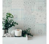 Papier Peint Motif Floral Et Carreaux Style Campagnard - Bleu Clair, Gris, Blanc