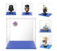 AAABOX Transparent Acrylique Vitrine 20x20x25 pour Lego Casque,40478 76421 | pour Lego Star Wars Casque,F1 Casque Hamilton/Leclerc/D'équipe Mcla Ren,Dobby,Antipoussière,Facile Installer,Base Bleue