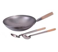 AAF Nommel ®, Set wok - Poêle à wok - Diamètre : 40 cm - Fond rond - En acier carbone - Pour cuisinière à gaz et à induction - Avec spatule pour wok et louche