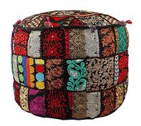 Aakriti Gallery - Housse pour pouf repose-pieds - Style ethnique indien - Brodée - En coton indien - Rond - Décoration artistique - 55,9 x 35,6 cm