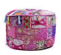 Aakriti Gallery - Housse pour pouf repose-pieds - Style ethnique indien - Brodée - En coton indien - Rond - Décoration artistique - 55,9 x 35,6 cm