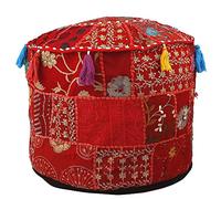 Aakriti Pouf Indien avec Broderie, Coton Indien, Couverture d'Ottoman avec Décor Ethnique - Couverture (Rouge, 46x33 cm)