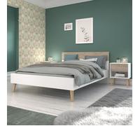 AALBORG Lit adulte 140x190 cm - Style Scandinave - Fabrication Française - Blanc et Chêne