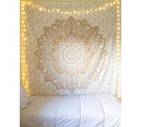 Aashita Creations Tapisserie murale Mandala avec fleur de lotus dorée sur tissu blanc