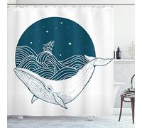 ABAKUHAUS Baleine Rideau de Douche, Whale and Stars Old Ship, Tissu Ensemble de Décor de Salle de Bain avec Crochets, 175 cm x 240 cm, Sarcelle Blanc