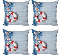 ABAKUHAUS Boje Set de housses de coussin (4 pièces), filet de pêche en bois Seashell, impression numérique moderne recto-verso, 40 cm x 40 cm, poussière, bleu, rouge