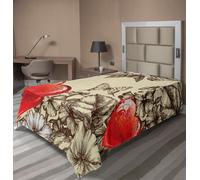 ABAKUHAUS Draps d'amour, motif Saint-Valentin avec fleurs et papillons, imprimé vintage festif, drap supérieur doux et confortable pour un lit décoratif, 1 pièce, 260 cm x 168 cm, beige, marron, rouge