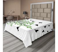 ABAKUHAUS Draps pour lit, arbre printanier avec silhouette d'oiseau, vent, liberté, paix, vie, draps supérieurs doux et confortables pour un lit décoratif, 1 pièce, 266 cm x 260 cm, vert, noir, blanc