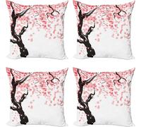 ABAKUHAUS Ensemble de housses de coussin à fleurs (4 pièces), cerisier en fleurs, impression numérique moderne recto-verso, 45 cm x 45 cm, noir rose