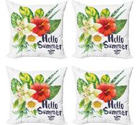 ABAKUHAUS Ensemble de housses de coussin « Bonjour l'été » (4 pièces), fleurs et plantes tropicales, impression numérique moderne recto-verso, 60 cm x 60 cm, multicolore
