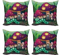 ABAKUHAUS Ensemble de housses de coussin champignon (4 pièces), maison champignon Worm, impression numérique moderne recto-verso, 45 cm x 45 cm, multicolore
