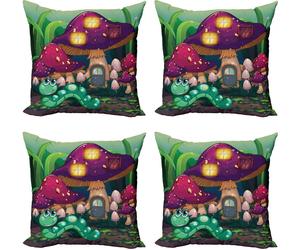 ABAKUHAUS Ensemble de housses de coussin champignon (4 pièces), maison champignon Worm, impression numérique moderne recto-verso, 45 cm x 45 cm, multicolore