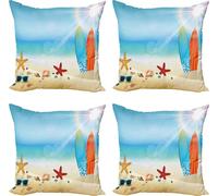 ABAKUHAUS Ensemble de housses de coussin coquillage (4 pièces), sable-plage-planche de surf, impression numérique moderne recto-verso, 40 cm x 40 cm, multicolore