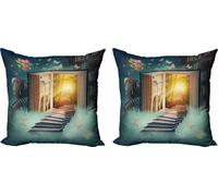 ABAKUHAUS Ensemble de housses de coussin fantaisie (2 pièces), Magic Book et animaux, décor imprimé numérique recto-verso avec fermeture éclair, 50 cm, bleu sarcelle et jaune