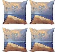 ABAKUHAUS Ensemble de housses de coussin fantaisie (4 pièces), Pont, jetée, port, mer, impression numérique moderne recto-verso, 40 cm x 40 cm, crème et bleu