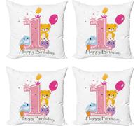 ABAKUHAUS Ensemble de housses de coussin pour 1er anniversaire (4 pièces), Princess Girl Party, impression numérique moderne recto-verso, 45 cm x 45 cm, rose pâle et rose vif