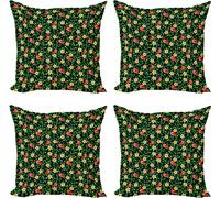 ABAKUHAUS Ensemble de housses de coussin printemps (4 pièces), pétales de fleurs et petits oiseaux, impression numérique moderne recto-verso, 40 cm x 40 cm, corail foncé-noir-vert