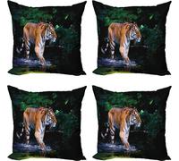 ABAKUHAUS Ensemble de housses de coussin Safari (4 pièces), Wild Jungle Tiger Tree, impression numérique moderne recto-verso, 40 cm x 40 cm, vert orange marron