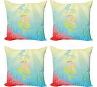 ABAKUHAUS Ensemble de housses de coussin sirène (4 pièces), coquillage sirène inhabituel, impression numérique moderne recto-verso, 50 cm x 50 cm, bleu corail